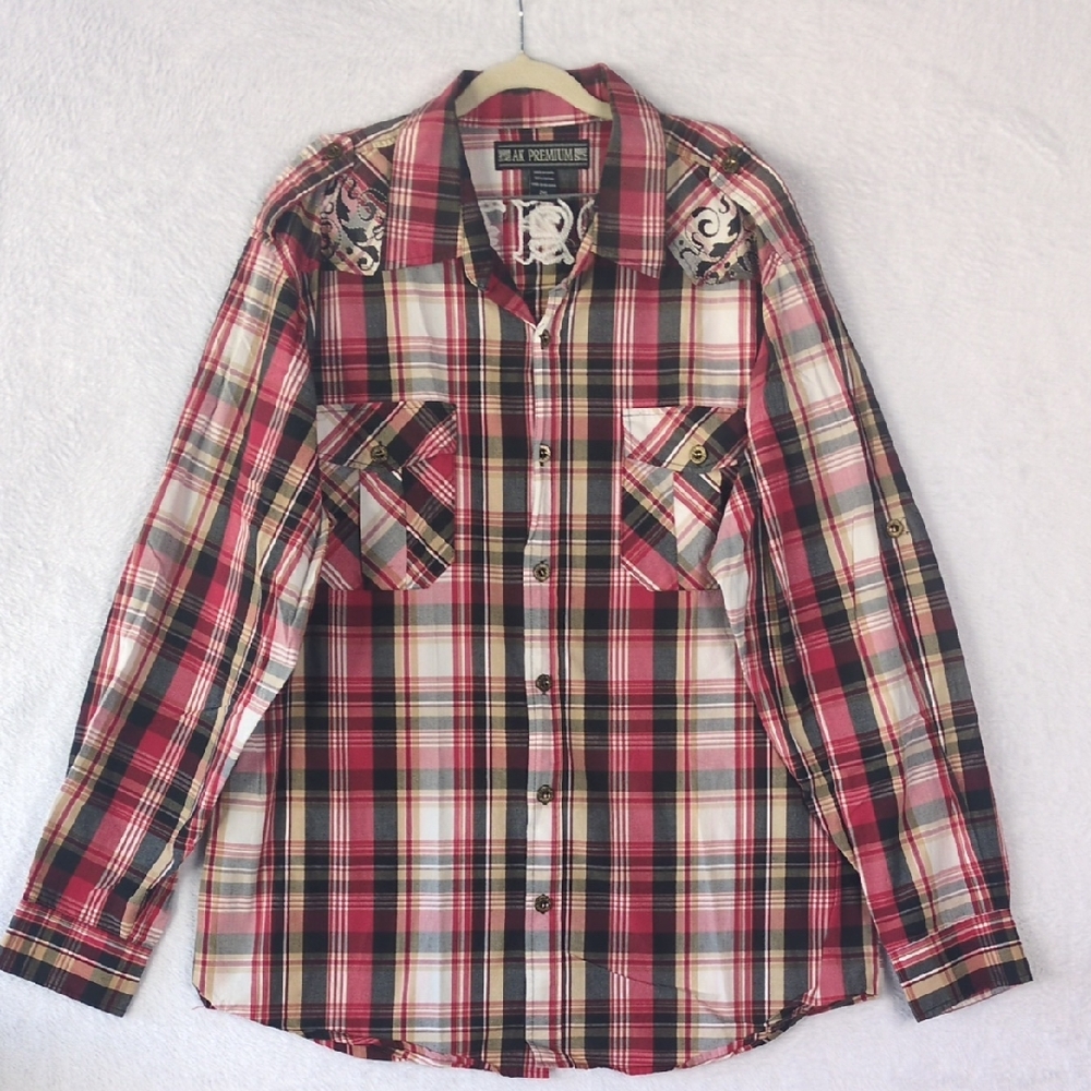 AK Premium Men's Plaid Embroidered Loyalty Y2K Button Down Shirt Size 2XL